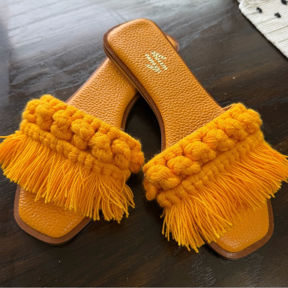 Woven Fringe Slide Sandals - Golden Yellow
